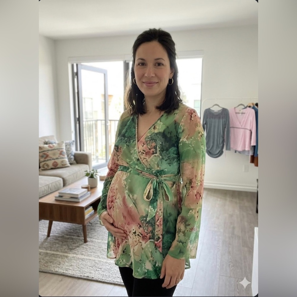 Maternity Green Floral V-Neck Sheer Blouse with Bell Sleeves